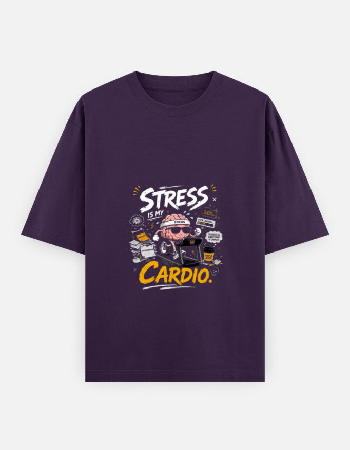 A dark purple short-sleeve t-shirt with a graphic on the chest that reads 'STRESS IS MY CARDIO.' in white and yellow text, featuring a cartoon character in a heart-shaped hat, shown on a light gray background.