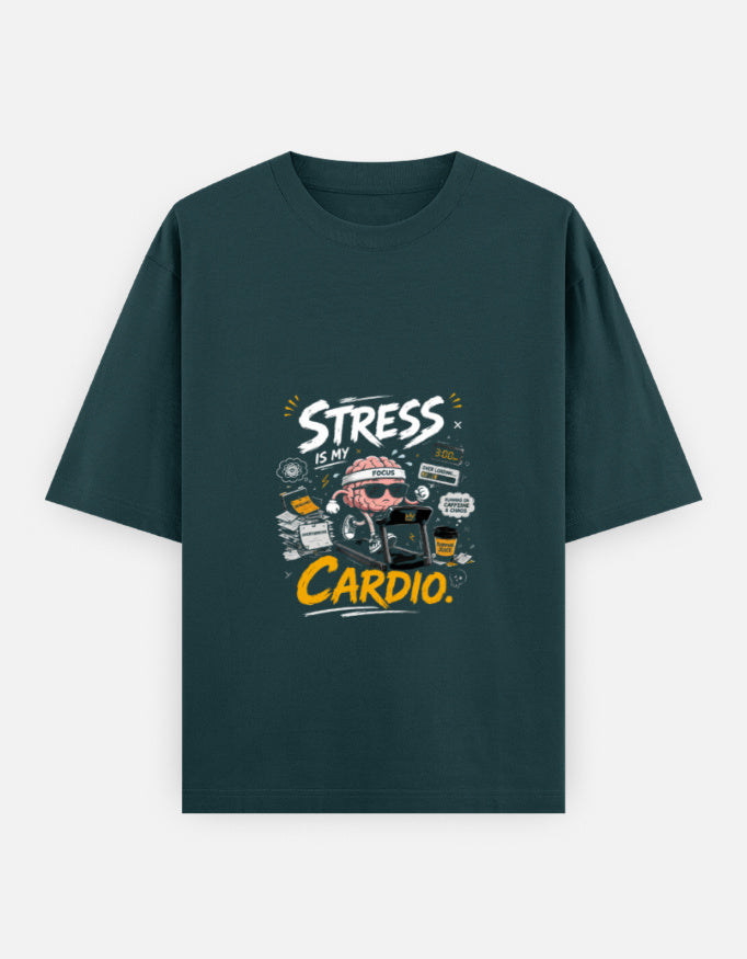 A green short-sleeve t-shirt with a graphic on the chest that reads 'STRESS IS MY CARDIO.' in white and yellow text, featuring a cartoon character in a heart-shaped helmet, shown against a light gray background.