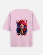 A light pink short-sleeve t-shirt shown from the back, featuring a large graphic print of the anime character Guts with red and blue energy effects and vertical red text.