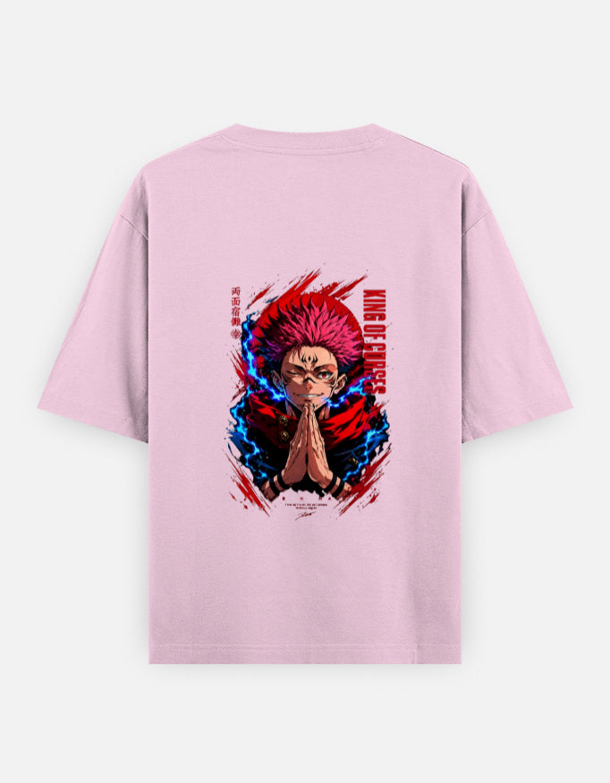 A light pink short-sleeve t-shirt shown from the back, featuring a large graphic print of the anime character Guts with red and blue energy effects and vertical red text.