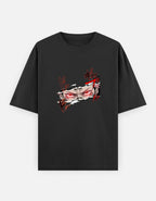 A black short-sleeve crewneck t-shirt featuring a stylized graphic print of a sukuna character's face with red eyes and red markings, displayed on a light gray background.