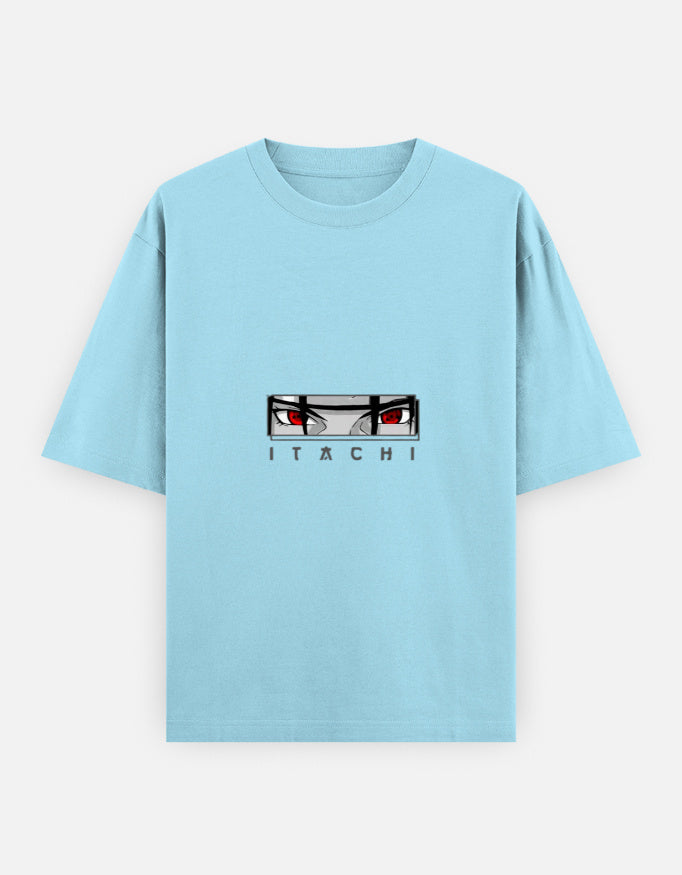 A light blue short-sleeve t-shirt featuring a graphic of Itachi Uchiha's eyes and the name 'ITACHI' printed on the chest, displayed against a light gray background.