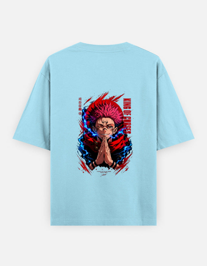 A light blue short-sleeve t-shirt shown from the back, featuring a large graphic print of the anime character Guts with red and blue energy effects and vertical red text.