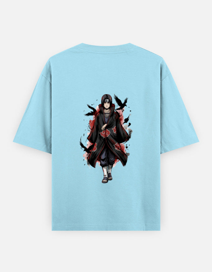A light blue short-sleeve t-shirt with a large graphic print of the anime character Itachi Uchiha on the front, set against a plain light gray background.