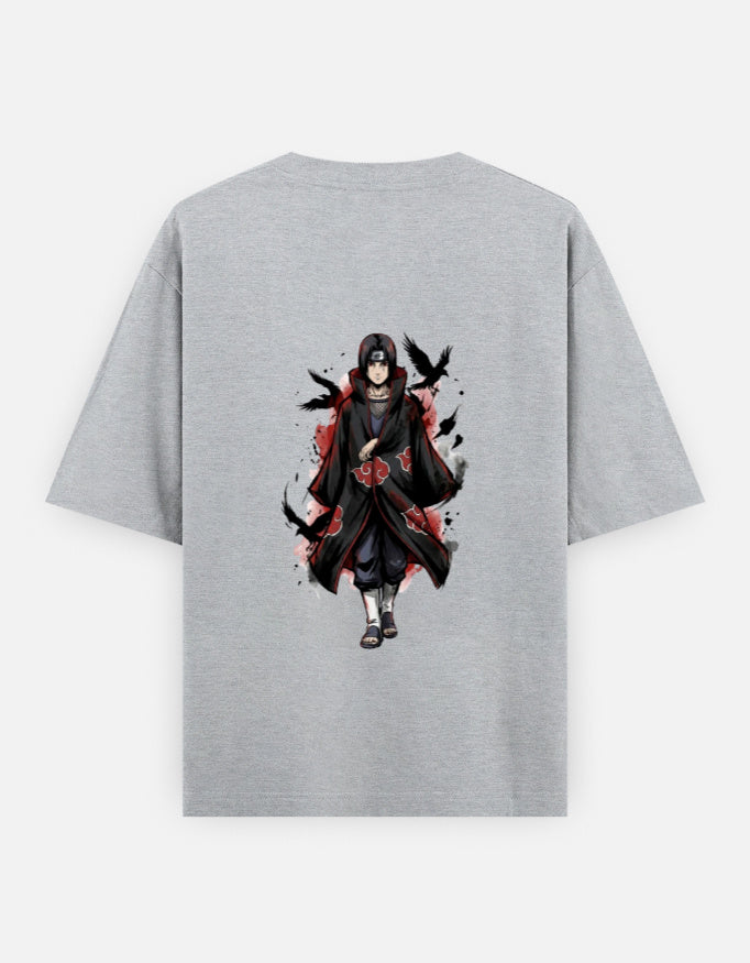 A light gray heather crewneck t-shirt featuring a graphic print of an anime character in a black and red cloak with black birds on the chest, displayed against a light gray background.