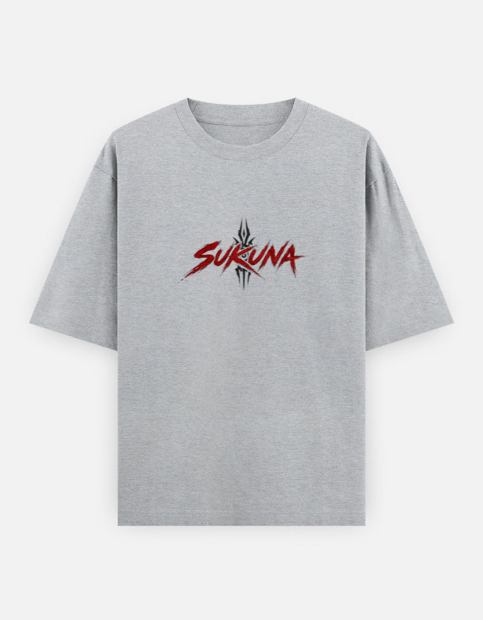 A light gray heather crewneck t-shirt with a red and black stylized 'SUKUNA' graphic printed on the chest, displayed against a light gray background.