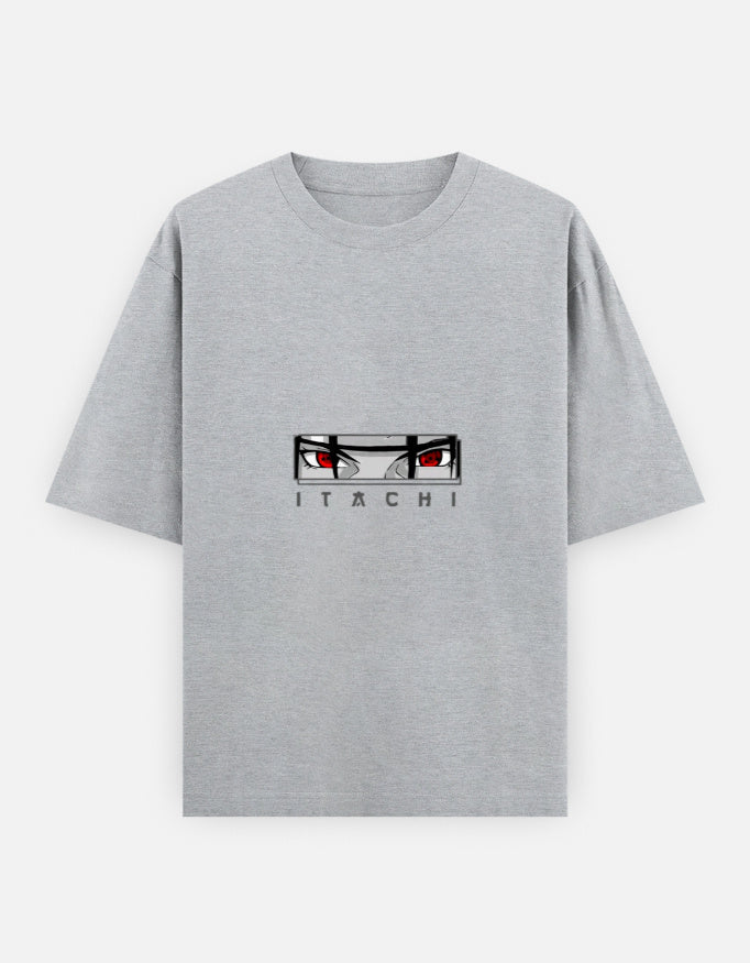 A light gray heather short-sleeve t-shirt featuring a graphic of the anime character Itachi Uchiha's eyes and the name 'ITACHI' printed below it, displayed on a clean white background.