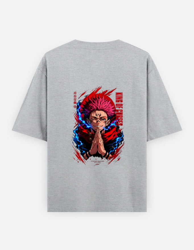 A light gray heather short-sleeve t-shirt shown from the back, featuring a large graphic print of the anime character Guts with red and blue energy effects and vertical red text.