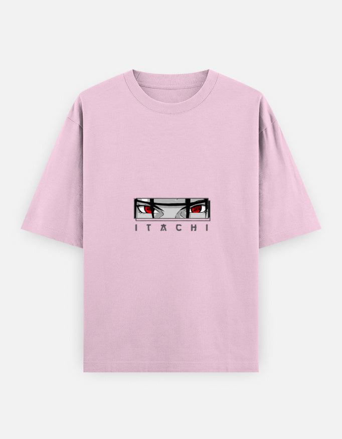A light pink short-sleeve t-shirt featuring a graphic of the anime character Itachi Uchiha's eyes above the name 'ITACHI' printed in black capital letters, displayed on a light gray background.