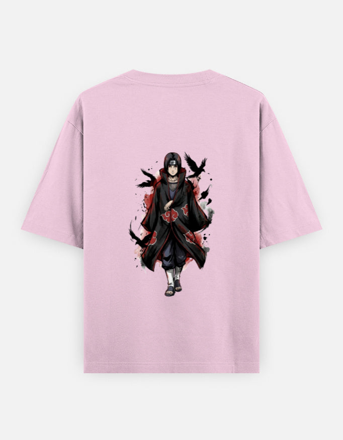A light pink short-sleeve t-shirt with a graphic print of the anime character Itachi Uchiha in a black Akatsuki cloak with red cloud patterns, surrounded by black birds, shown on a light gray background.