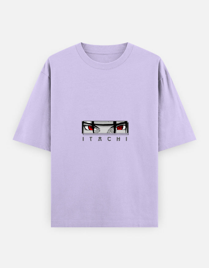 A light purple short-sleeve t-shirt featuring a graphic of the anime character Itachi Uchiha's eyes and the name 'ITACHI' printed below, displayed on a light gray background.