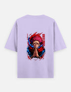 A light purple short-sleeve t-shirt shown from the back, featuring a large graphic print of the anime character Guts with red and blue energy effects and vertical red text.