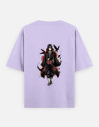 A light purple short-sleeve t-shirt with a graphic print of the anime character Itachi Uchiha on the front, displayed against a light gray background.