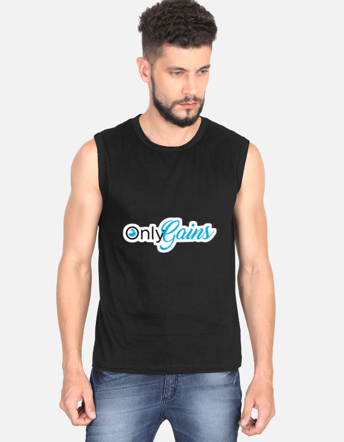 man wearing a black sleeveless muscle tank top with a blue and black 'only Gains' logo on the chest