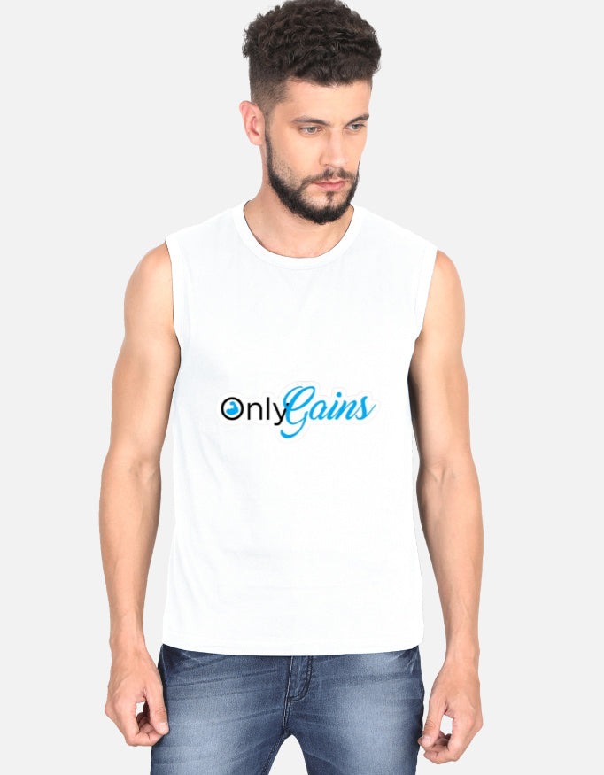 A man wearing a white sleeveless muscle tank top with a blue and black 'only Gains' logo on the chest, paired with blue jeans, against a light gray background.