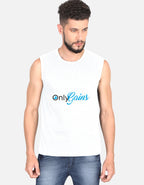 A man wearing a white sleeveless muscle tank top with a blue and black 'only Gains' logo on the chest, paired with blue jeans, against a light gray background.