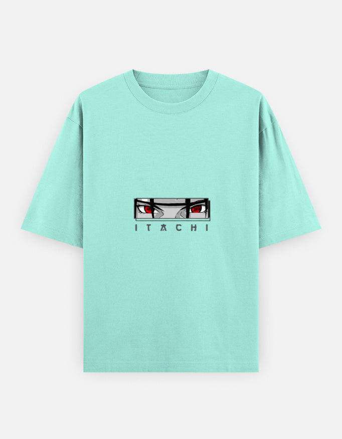 A mint green short-sleeve t-shirt featuring a graphic of the anime character Itachi Uchiha's eyes and the name 'ITACHI' printed below, displayed on a light gray background.