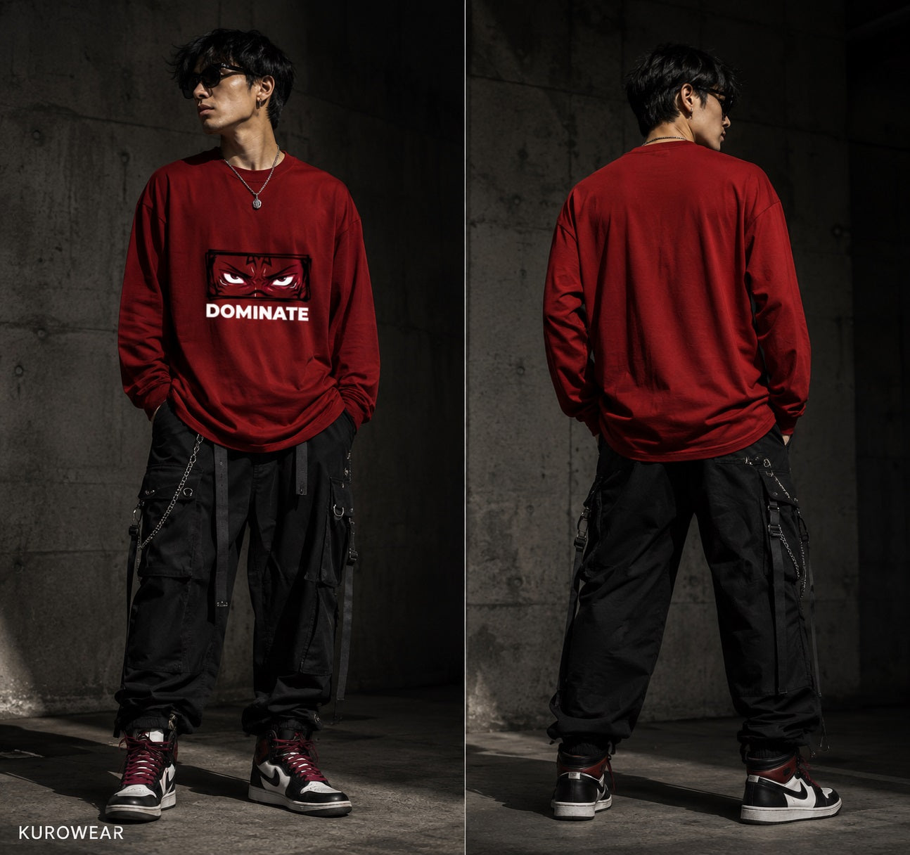A model shown in a split front and back view wearing a red long-sleeve sweatshirt with a graphic print on the chest, black cargo pants, and sneakers, set against a dark concrete wall background. The brand name KUOWEAR is visible in the bottom-left corner.