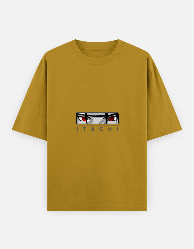 A mustard yellow short-sleeve t-shirt featuring a graphic of the anime character Itachi Uchiha's eyes and the name 'ITACHI' printed below, displayed on a light gray background.