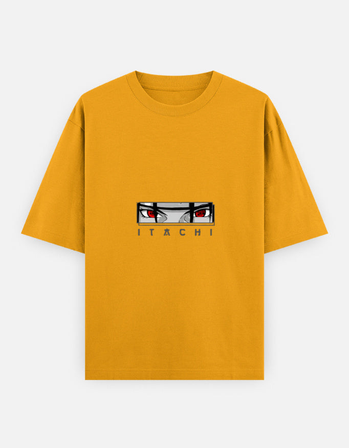 A mustard yellow short-sleeve t-shirt featuring a graphic of the anime character Itachi Uchiha's eyes and the name 'ITACHI' printed below, displayed on a light gray background.
