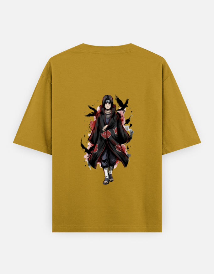A mustard yellow short-sleeve t-shirt with a graphic print of the anime character Madara Uchiha from Naruto on the front, displayed against a light gray background.