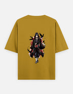 A mustard yellow short-sleeve t-shirt with a graphic print of the anime character Madara Uchiha from Naruto on the front, displayed against a light gray background.