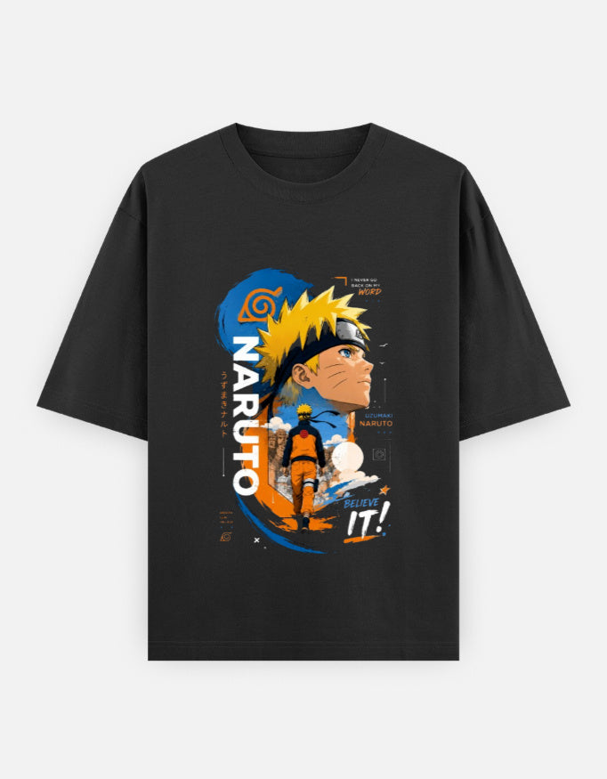 A black short-sleeve t-shirt with a large graphic print of Naruto Uzumaki from the anime Naruto, featuring his face, orange and blue swirl patterns, and the text 'NARUTO' and 'GET AN IT!'.