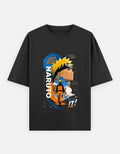 A black short-sleeve t-shirt with a large graphic print of Naruto Uzumaki from the anime Naruto, featuring his face, orange and blue swirl patterns, and the text 'NARUTO' and 'GET AN IT!'.