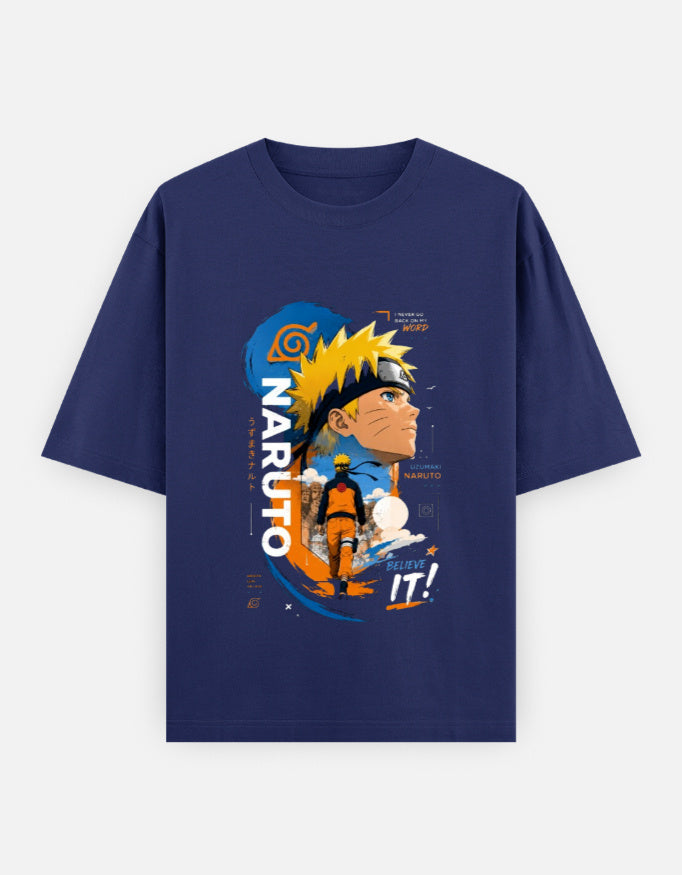 A dark blue short-sleeve t-shirt featuring a large graphic print of Naruto Uzumaki from the anime Naruto on the front, displayed against a white background.