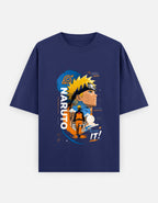 A dark blue short-sleeve t-shirt featuring a large graphic print of Naruto Uzumaki from the anime Naruto on the front, displayed against a white background.