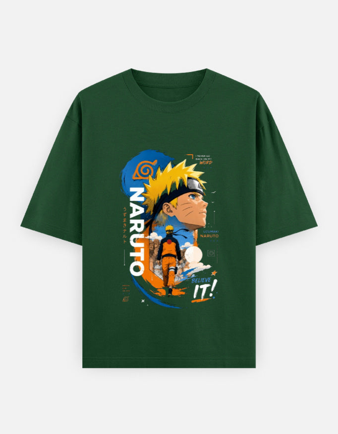 A dark green short-sleeve t-shirt featuring a colorful graphic print of Naruto Uzumaki from the anime Naruto, displayed on a white background.