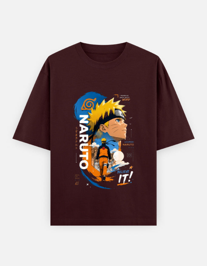 A dark maroon short-sleeve t-shirt featuring a large graphic print of Naruto Uzumaki from the anime Naruto on the front, displayed against a light gray background.