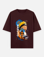 A dark maroon short-sleeve t-shirt featuring a large graphic print of Naruto Uzumaki from the anime Naruto on the front, displayed against a light gray background.