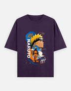 A dark purple short-sleeve t-shirt featuring a large graphic print of Naruto Uzumaki from the anime Naruto on the front, displayed against a light gray background.