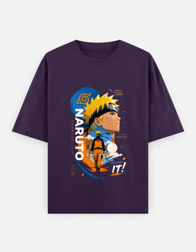 A dark purple short-sleeve t-shirt featuring a large graphic print of Naruto Uzumaki from the anime Naruto on the front, displayed against a light gray background.