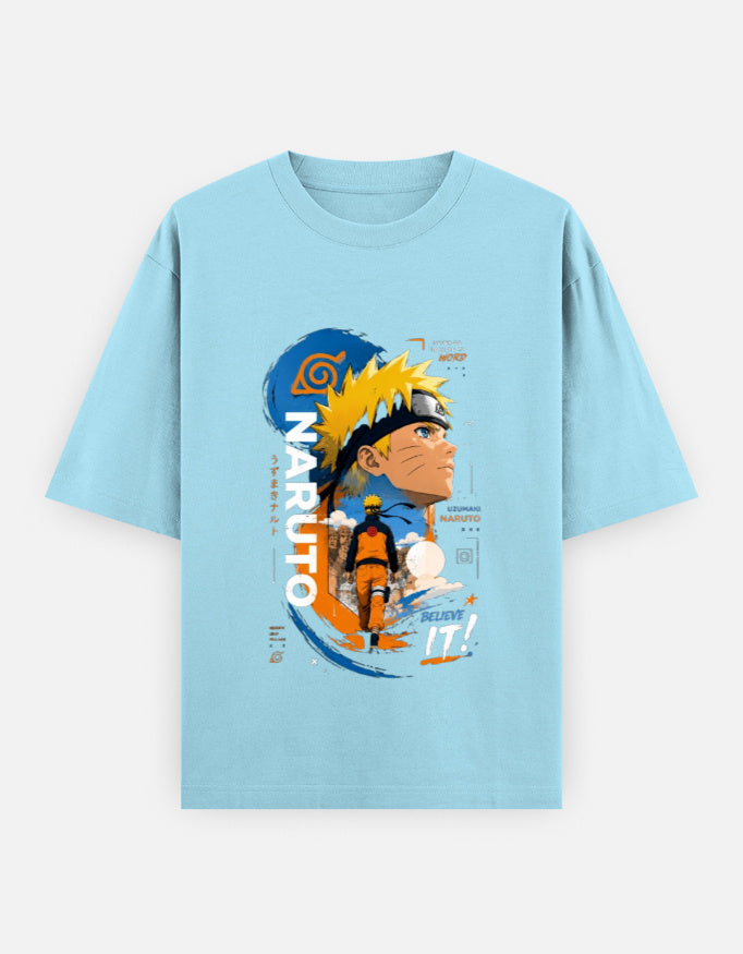 A light blue short-sleeve t-shirt featuring a large graphic print of Naruto Uzumaki from the anime series, displayed on a light gray background.