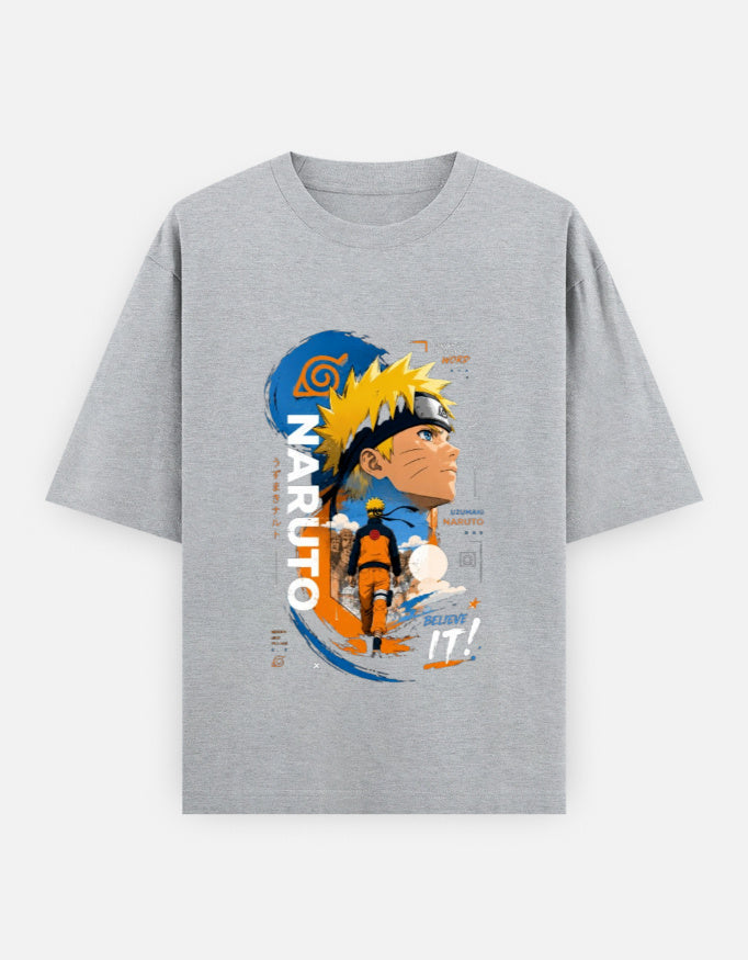 A heather gray short-sleeve t-shirt featuring a colorful graphic print of Naruto Uzumaki from the anime Naruto, displayed on a light gray background.