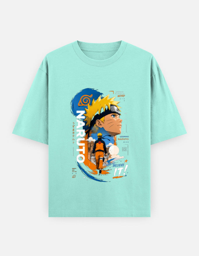 A light mint green short-sleeve t-shirt featuring a large graphic print of Naruto Uzumaki from the anime series on the front, displayed against a light gray background.