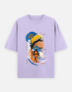 A light purple short-sleeve t-shirt featuring a large graphic print of Naruto Uzumaki from the anime series on the front, displayed against a light gray background.