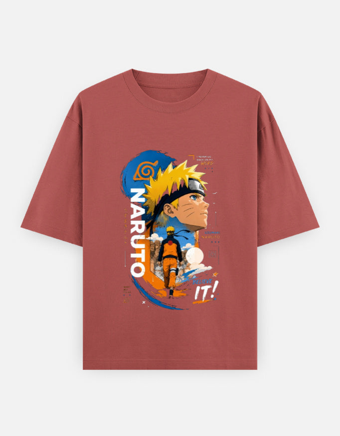 A short-sleeve crewneck t-shirt in a dusty rose or muted brick red color, featuring a large graphic print of Naruto Uzumaki from the anime Naruto on the front.