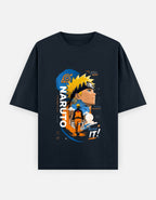 A navy blue short-sleeve t-shirt featuring a large graphic print of Naruto Uzumaki from the anime Naruto on the front, displayed against a navy blue background.