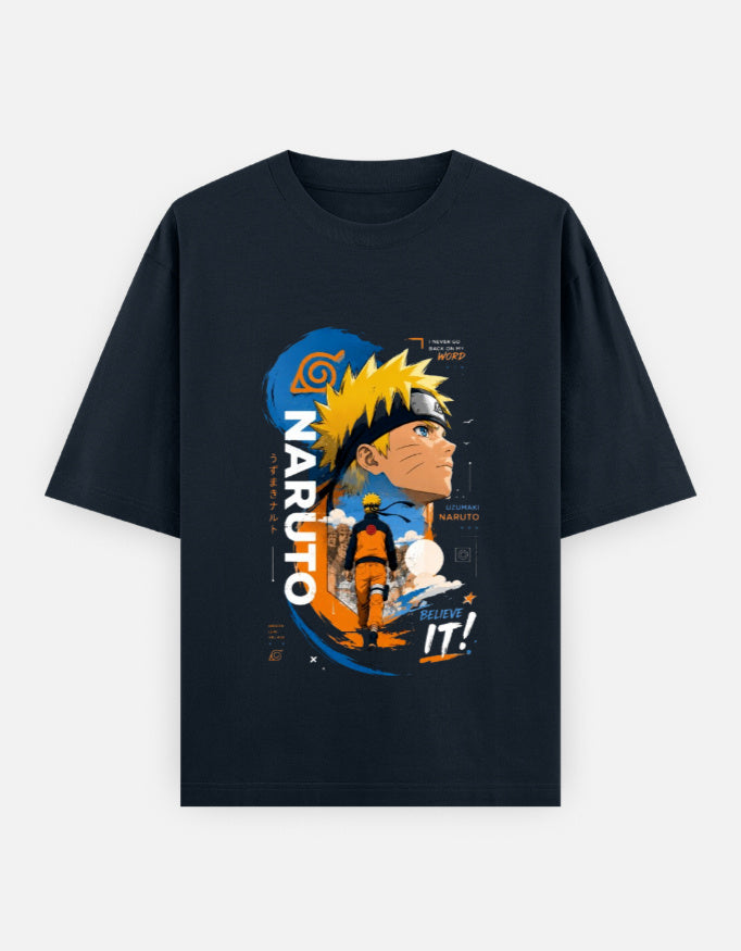 A navy blue short-sleeve t-shirt featuring a large graphic print of Naruto Uzumaki from the anime Naruto on the front, displayed against a navy blue background.