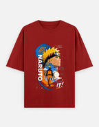 A red short-sleeve t-shirt with a large graphic print of Naruto Uzumaki from the anime Naruto on the front, displayed against a white background.