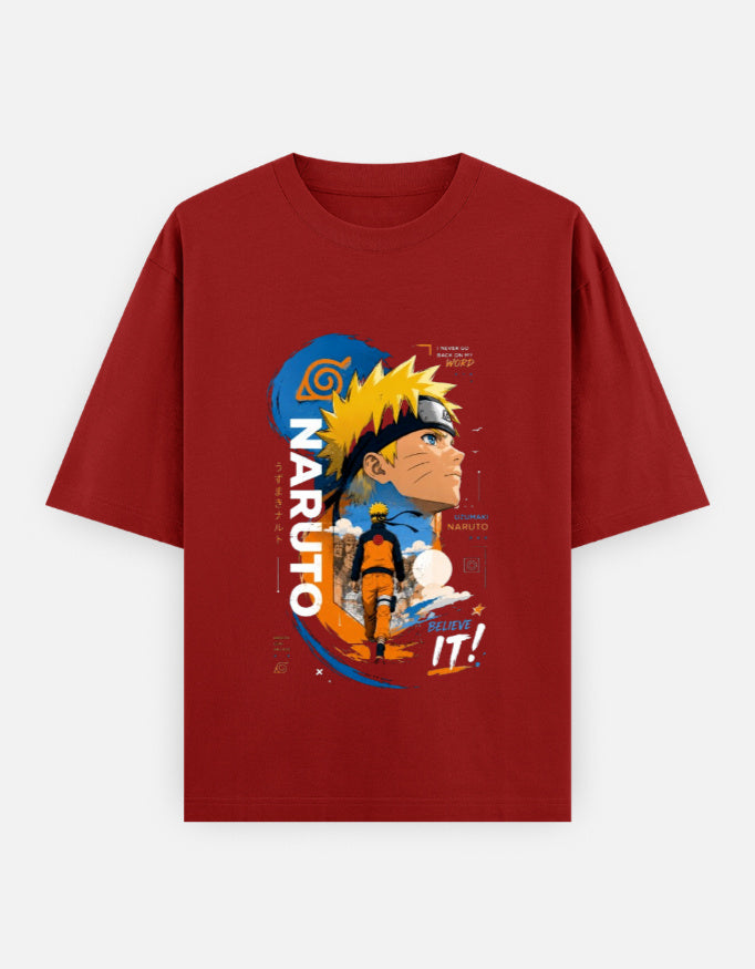 A red short-sleeve t-shirt with a large graphic print of Naruto Uzumaki from the anime Naruto on the front, displayed against a white background.