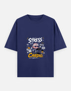 A navy blue short-sleeve t-shirt with a colorful graphic on the chest that reads 'STRESS IS MY CARDIO.' with a cartoon character and medical icons, shown against a light gray background.