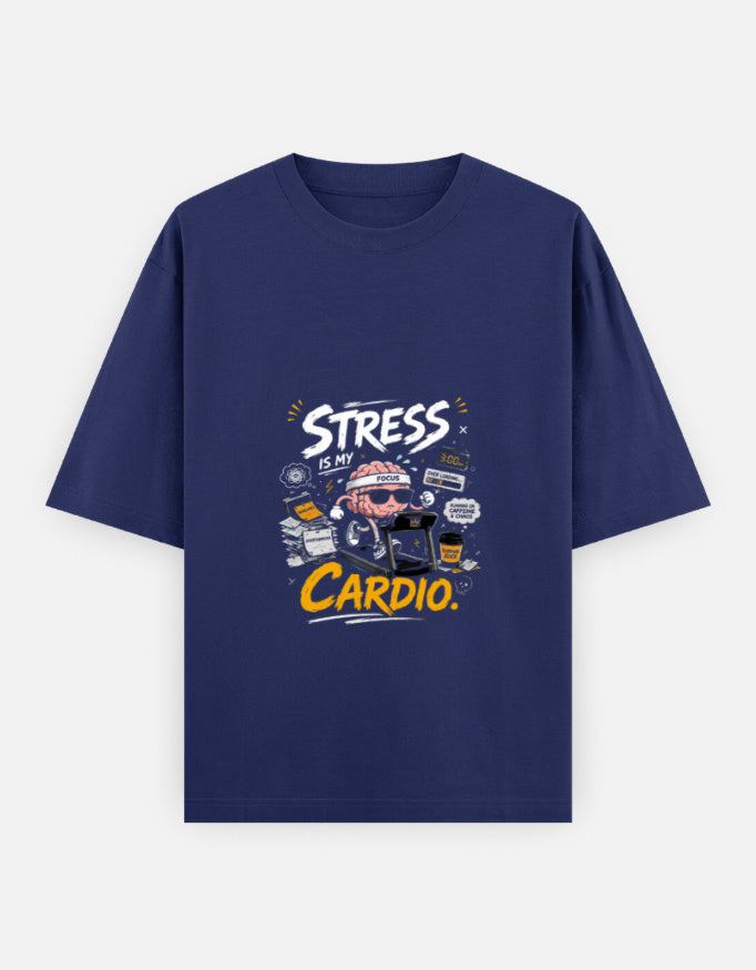 A navy blue short-sleeve t-shirt with a colorful graphic on the chest that reads 'STRESS IS MY CARDIO.' with a cartoon character and medical icons, shown against a light gray background.
