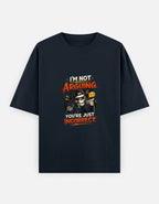 A navy blue short-sleeve t-shirt with a graphic on the chest featuring a skeleton in a black hat and sunglasses, holding a sign that says 'I'M NOT ARGUING. YOU'RE JUST INCORRECT.