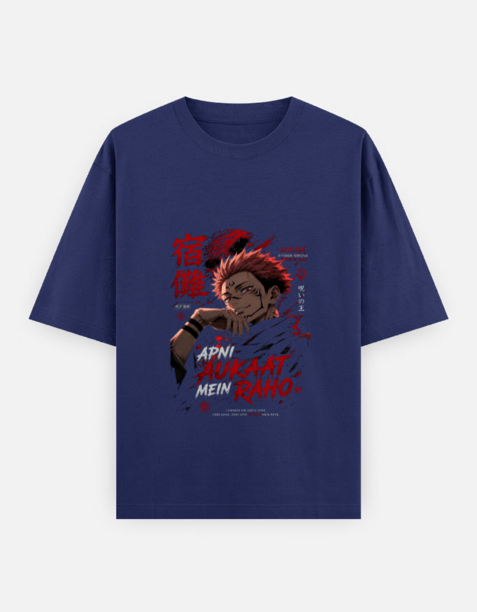 A navy blue short-sleeve t-shirt with a graphic print of the anime character Apni from Jujutsu Kaisen on the front, displayed against a light gray background.