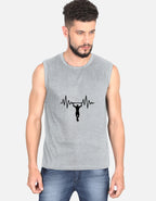 Man wearing a sleeveless gray shirt with a black graphic design on a white background