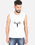 Man wearing a white sleeveless shirt with a black graphic design on a plain background
